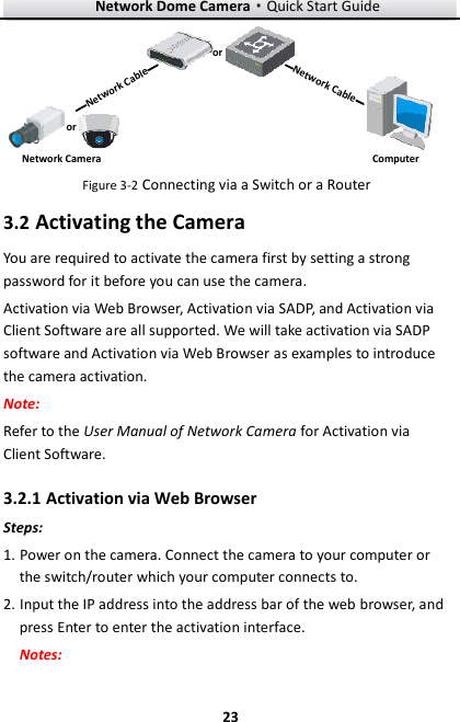 Network Dome Camera·Quick Start Guide  23 23 网络交换机半球Network CableNetwork CableororNetwork Camera Computer  Figure 3-2 Connecting via a Switch or a Router 3.2 Activating the Camera You are required to activate the camera first by setting a strong password for it before you can use the camera. Activation via Web Browser, Activation via SADP, and Activation via Client Software are all supported. We will take activation via SADP software and Activation via Web Browser as examples to introduce the camera activation.   Note:   Refer to the User Manual of Network Camera for Activation via Client Software.   3.2.1 Activation via Web Browser Steps: 1. Power on the camera. Connect the camera to your computer or the switch/router which your computer connects to. 2. Input the IP address into the address bar of the web browser, and press Enter to enter the activation interface. Notes: 