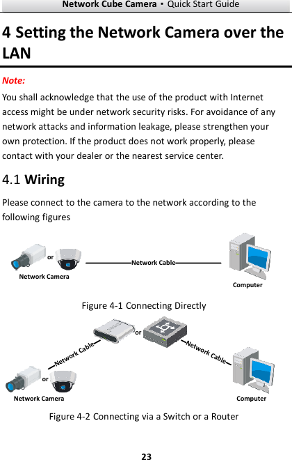 Network Cube Camera·Quick Start Guide  23 23 4 Setting the Network Camera over the LAN Note: You shall acknowledge that the use of the product with Internet access might be under network security risks. For avoidance of any network attacks and information leakage, please strengthen your own protection. If the product does not work properly, please contact with your dealer or the nearest service center.  Wiring 4.1Please connect to the camera to the network according to the following figures 半球Network CableorNetwork Camera Computer   Connecting Directly Figure 4-1网络交换机半球Network CableNetwork CableororNetwork Camera Computer   Connecting via a Switch or a Router Figure 4-2