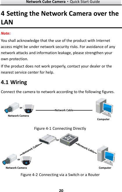 Network Cube Camera·Quick Start Guide  20 20 4 Setting the Network Camera over the LAN Note: You shall acknowledge that the use of the product with Internet access might be under network security risks. For avoidance of any network attacks and information leakage, please strengthen your own protection.   If the product does not work properly, contact your dealer or the nearest service center for help.  Wiring 4.1Connect the camera to network according to the following figures. 半球Network CableorNetwork Camera Computer   Connecting Directly Figure 4-1网络交换机半球Network CableNetwork CableororNetwork Camera Computer   Connecting via a Switch or a Router Figure 4-2