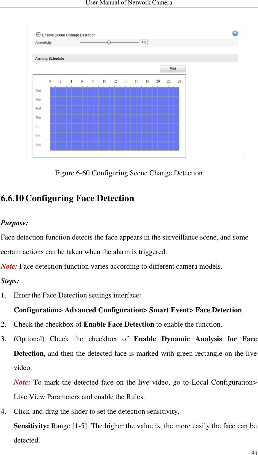 User Manual of Network Camera 98   Figure 6-60 Configuring Scene Change Detection 6.6.10 Configuring Face Detection Purpose: Face detection function detects the face appears in the surveillance scene, and some certain actions can be taken when the alarm is triggered. Note: Face detection function varies according to different camera models. Steps: 1. Enter the Face Detection settings interface:   Configuration&gt; Advanced Configuration&gt; Smart Event&gt; Face Detection 2. Check the checkbox of Enable Face Detection to enable the function. 3. (Optional)  Check  the  checkbox  of  Enable  Dynamic  Analysis  for  Face Detection, and then the detected face is marked with green rectangle on the live video. Note: To mark the detected face on the live video, go to Local Configuration&gt; Live View Parameters and enable the Rules.   4. Click-and-drag the slider to set the detection sensitivity. Sensitivity: Range [1-5]. The higher the value is, the more easily the face can be detected. 