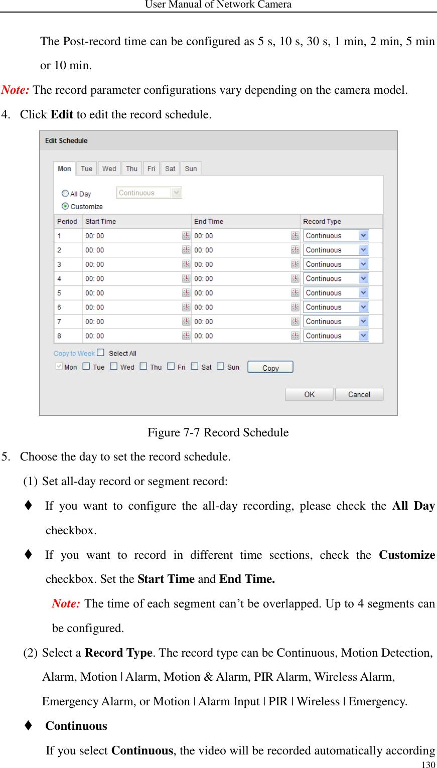 User Manual of Network Camera 130  The Post-record time can be configured as 5 s, 10 s, 30 s, 1 min, 2 min, 5 min or 10 min. Note: The record parameter configurations vary depending on the camera model.   4. Click Edit to edit the record schedule.    Figure 7-7 Record Schedule 5. Choose the day to set the record schedule. (1) Set all-day record or segment record:  If  you  want  to  configure  the  all-day  recording,  please  check  the  All  Day checkbox.  If  you  want  to  record  in  different  time  sections,  check  the  Customize checkbox. Set the Start Time and End Time. Note: The time of each segment can’t be overlapped. Up to 4 segments can be configured. (2) Select a Record Type. The record type can be Continuous, Motion Detection, Alarm, Motion | Alarm, Motion &amp; Alarm, PIR Alarm, Wireless Alarm, Emergency Alarm, or Motion | Alarm Input | PIR | Wireless | Emergency.    Continuous If you select Continuous, the video will be recorded automatically according 