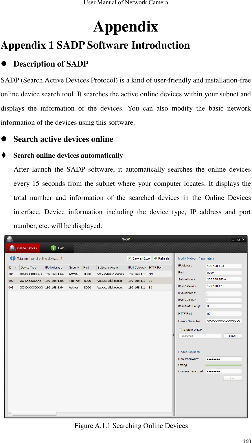 User Manual of Network Camera 160  Appendix Appendix 1 SADP Software Introduction  Description of SADP SADP (Search Active Devices Protocol) is a kind of user-friendly and installation-free online device search tool. It searches the active online devices within your subnet and displays  the  information  of  the  devices.  You  can  also  modify  the  basic  network information of the devices using this software.  Search active devices online  Search online devices automatically After  launch  the  SADP  software,  it  automatically  searches  the  online  devices every 15 seconds from the subnet where  your computer locates. It displays the total  number  and  information  of  the  searched  devices  in  the  Online  Devices interface.  Device  information  including  the  device  type,  IP  address  and  port number, etc. will be displayed.  Figure A.1.1 Searching Online Devices 