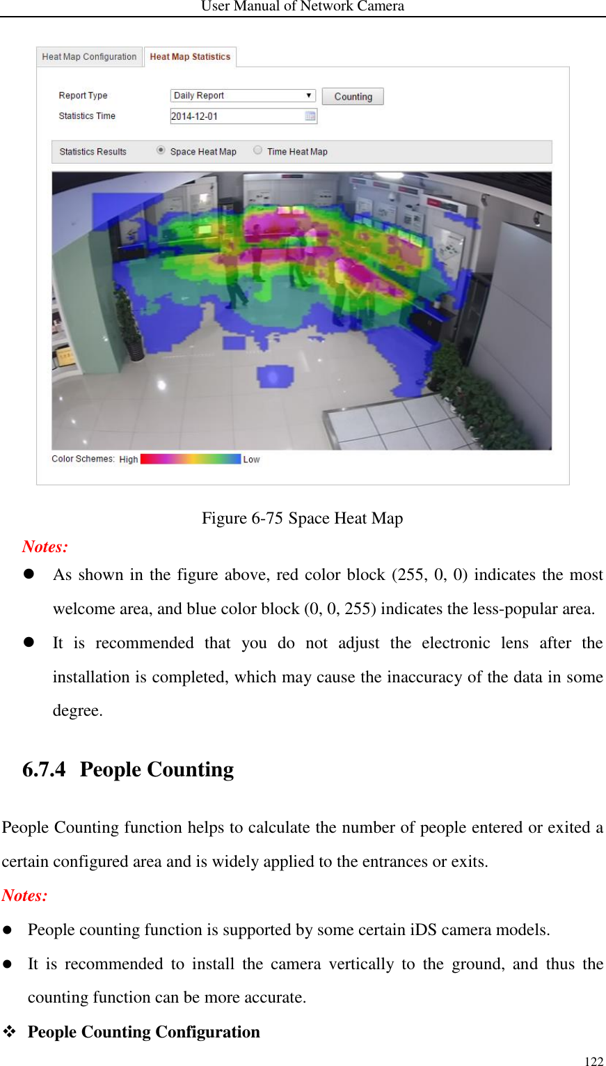 User Manual of Network Camera 122   Figure 6-75 Space Heat Map Notes:  As shown in the figure above, red color block (255, 0, 0) indicates the most welcome area, and blue color block (0, 0, 255) indicates the less-popular area.  It  is  recommended  that  you  do  not  adjust  the  electronic  lens  after  the installation is completed, which may cause the inaccuracy of the data in some degree. 6.7.4 People Counting People Counting function helps to calculate the number of people entered or exited a certain configured area and is widely applied to the entrances or exits. Notes:    People counting function is supported by some certain iDS camera models.  It  is  recommended  to  install  the  camera  vertically  to  the  ground,  and  thus  the counting function can be more accurate.  People Counting Configuration 