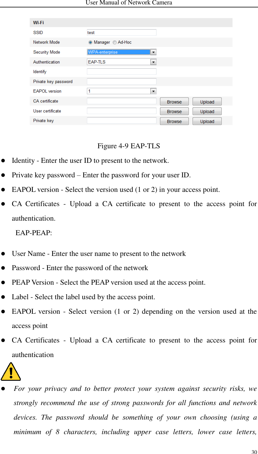 User Manual of Network Camera 30   Figure 4-9 EAP-TLS  Identity - Enter the user ID to present to the network.  Private key password – Enter the password for your user ID.  EAPOL version - Select the version used (1 or 2) in your access point.  CA  Certificates  -  Upload  a  CA  certificate  to  present  to  the  access  point  for authentication. EAP-PEAP:  User Name - Enter the user name to present to the network  Password - Enter the password of the network  PEAP Version - Select the PEAP version used at the access point.  Label - Select the label used by the access point.  EAPOL version  -  Select  version  (1 or  2)  depending  on  the  version used  at the access point  CA  Certificates  -  Upload  a  CA  certificate  to  present  to  the  access  point  for authentication   For  your  privacy  and  to  better  protect  your  system  against  security  risks,  we strongly recommend the use of  strong  passwords  for  all functions and  network devices.  The  password  should  be  something  of  your  own  choosing  (using  a minimum  of  8  characters,  including  upper  case  letters,  lower  case  letters, 