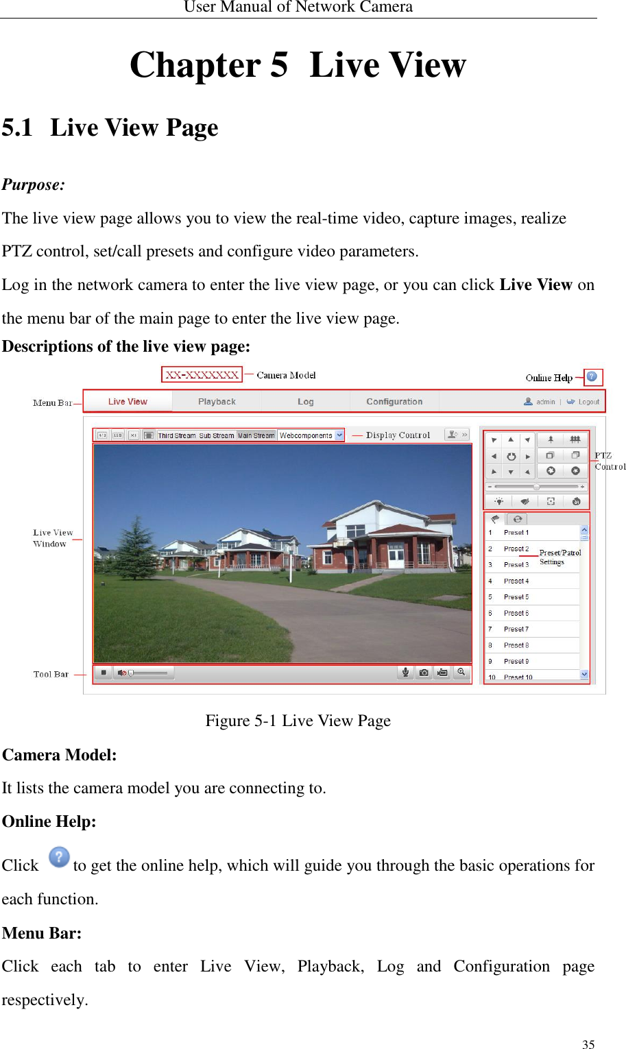 User Manual of Network Camera 35  Chapter 5   Live View 5.1 Live View Page Purpose: The live view page allows you to view the real-time video, capture images, realize PTZ control, set/call presets and configure video parameters. Log in the network camera to enter the live view page, or you can click Live View on the menu bar of the main page to enter the live view page. Descriptions of the live view page:  Figure 5-1 Live View Page Camera Model: It lists the camera model you are connecting to. Online Help: Click  to get the online help, which will guide you through the basic operations for each function. Menu Bar:   Click  each  tab  to  enter  Live  View,  Playback,  Log  and  Configuration  page respectively.   