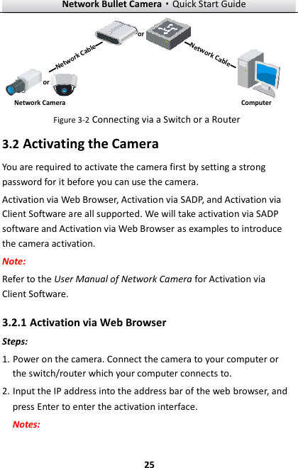 Network Bullet Camera·Quick Start Guide  25 网络交换机半球Network CableNetwork CableororNetwork Camera Computer  Figure 3-2 Connecting via a Switch or a Router 3.2 Activating the Camera You are required to activate the camera first by setting a strong password for it before you can use the camera. Activation via Web Browser, Activation via SADP, and Activation via Client Software are all supported. We will take activation via SADP software and Activation via Web Browser as examples to introduce the camera activation.   Note:   Refer to the User Manual of Network Camera for Activation via Client Software.   3.2.1 Activation via Web Browser Steps: 1. Power on the camera. Connect the camera to your computer or the switch/router which your computer connects to. 2. Input the IP address into the address bar of the web browser, and press Enter to enter the activation interface. Notes: 