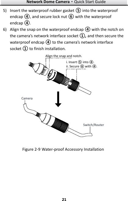 Network Dome Camera·Quick Start Guide  21 21  Insert the waterproof rubber gasket ⑤ into the waterproof 5)endcap ④, and secure lock nut ⑥ with the waterproof endcap ④.  Align the snap on the waterproof endcap ④ with the notch on 6)the camera’s network interface socket ①, and then secure the waterproof endcap ④ to the camera’s network interface socket ① to finish installation. CameraSwitch/RouterAlign the snap and notch.i. Insert ⑤ into ④.ii. Secure ⑥ with ④. Figure 2-9 Water-proof Accessory Installation 