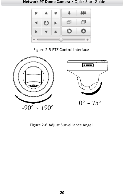 Network PT Dome Camera·Quick Start Guide  20 20   PTZ Control Interface Figure 2-5-90° ~ +90° 0° ~ 75°  Adjust Surveillance Angel Figure 2-6 