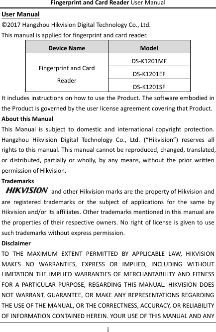Page 2 of Hangzhou Hikvision Digital Technology K1201EF Fingerprint Card Reader User Manual 