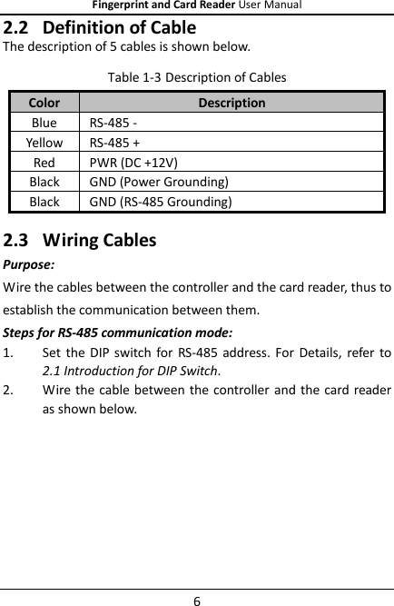 Fingerprint and Card Reader User Manual 6 2.2 Definition of Cable The description of 5 cables is shown below. Table 1-3 Description of Cables Color Description Blue RS-485 - Yellow RS-485 + Red PWR (DC +12V) Black GND (Power Grounding) Black GND (RS-485 Grounding) 2.3 Wiring Cables Purpose: Wire the cables between the controller and the card reader, thus to establish the communication between them. Steps for RS-485 communication mode: 1. Set the DIP switch  for  RS-485  address.  For  Details,  refer  to 2.1 Introduction for DIP Switch. 2. Wire the cable between the controller  and the card reader as shown below.        