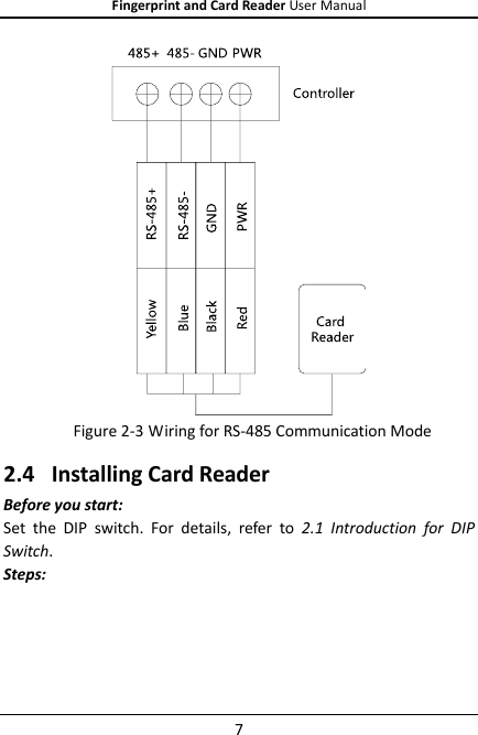 Fingerprint and Card Reader User Manual 7   Figure 2-3 Wiring for RS-485 Communication Mode 2.4 Installing Card Reader Before you start: Set  the  DIP  switch.  For  details,  refer  to 2.1  Introduction  for  DIP Switch. Steps: 