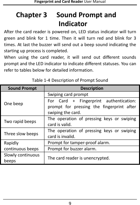 Fingerprint and Card Reader User Manual 9 Chapter 3 Sound Prompt and Indicator After the card reader is powered on, LED status indicator will turn green  and  blink  for  1  time.  Then  it  will  turn  red  and  blink  for  3 times. At last the buzzer will send out a beep sound indicating the starting up process is completed. When  using  the  card  reader,  it  will  send  out  different  sounds prompt and the LED indicator to indicate different statuses. You can refer to tables below for detailed information. Table 1-4 Description of Prompt Sound Sound Prompt Description One beep Swiping card prompt For  Card  +  Fingerprint  authentication: prompt  for  pressing  the  fingerprint  after swiping the card. Two rapid beeps The  operation  of  pressing  keys  or  swiping card is valid. Three slow beeps The  operation  of  pressing  keys  or  swiping card is invalid. Rapidly continuous beeps Prompt for tamper-proof alarm. Prompt for buzzer alarm.   Slowly continuous beeps The card reader is unencrypted.  