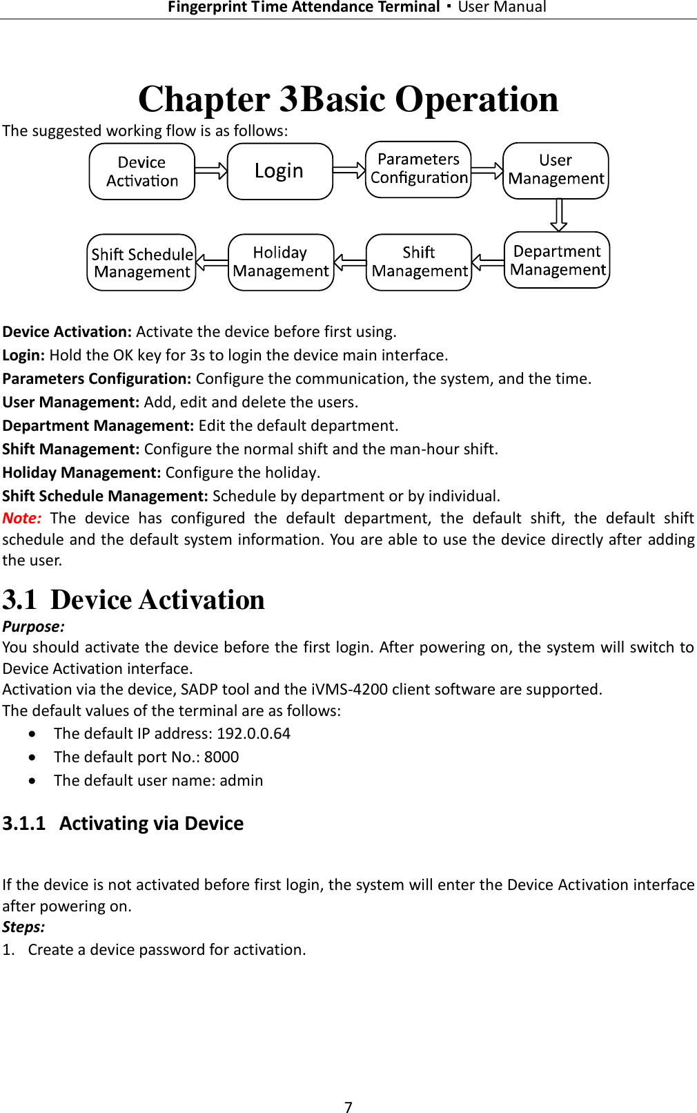   Fingerprint Time Attendance Terminal·User Manual 7  Chapter 3 Basic Operation The suggested working flow is as follows:  Device Activation: Activate the device before first using. Login: Hold the OK key for 3s to login the device main interface. Parameters Configuration: Configure the communication, the system, and the time. User Management: Add, edit and delete the users. Department Management: Edit the default department. Shift Management: Configure the normal shift and the man-hour shift. Holiday Management: Configure the holiday. Shift Schedule Management: Schedule by department or by individual. Note:  The  device  has  configured  the  default  department,  the  default  shift,  the  default  shift schedule and the default system information. You are able to use the device directly after adding the user. 3.1 Device Activation Purpose: You should activate the device before the first login. After powering on, the system will switch to Device Activation interface.   Activation via the device, SADP tool and the iVMS-4200 client software are supported. The default values of the terminal are as follows:  The default IP address: 192.0.0.64  The default port No.: 8000  The default user name: admin   3.1.1 Activating via Device If the device is not activated before first login, the system will enter the Device Activation interface after powering on. Steps: 1. Create a device password for activation. 