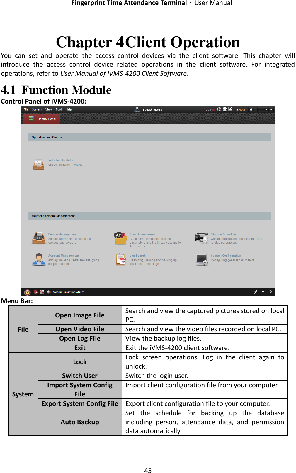   Fingerprint Time Attendance Terminal·User Manual 45  Chapter 4 Client Operation You  can  set  and  operate  the  access  control  devices  via  the  client  software.  This  chapter  will introduce  the  access  control  device  related  operations  in  the  client  software.  For  integrated operations, refer to User Manual of iVMS-4200 Client Software. 4.1 Function Module Control Panel of iVMS-4200:  Menu Bar: File Open Image File Search and view the captured pictures stored on local PC.   Open Video File Search and view the video files recorded on local PC. Open Log File View the backup log files. Exit Exit the iVMS-4200 client software. System Lock Lock  screen  operations.  Log  in  the  client  again  to unlock. Switch User Switch the login user. Import System Config File Import client configuration file from your computer. Export System Config File Export client configuration file to your computer. Auto Backup Set  the  schedule  for  backing  up  the  database including  person,  attendance  data,  and  permission data automatically. 