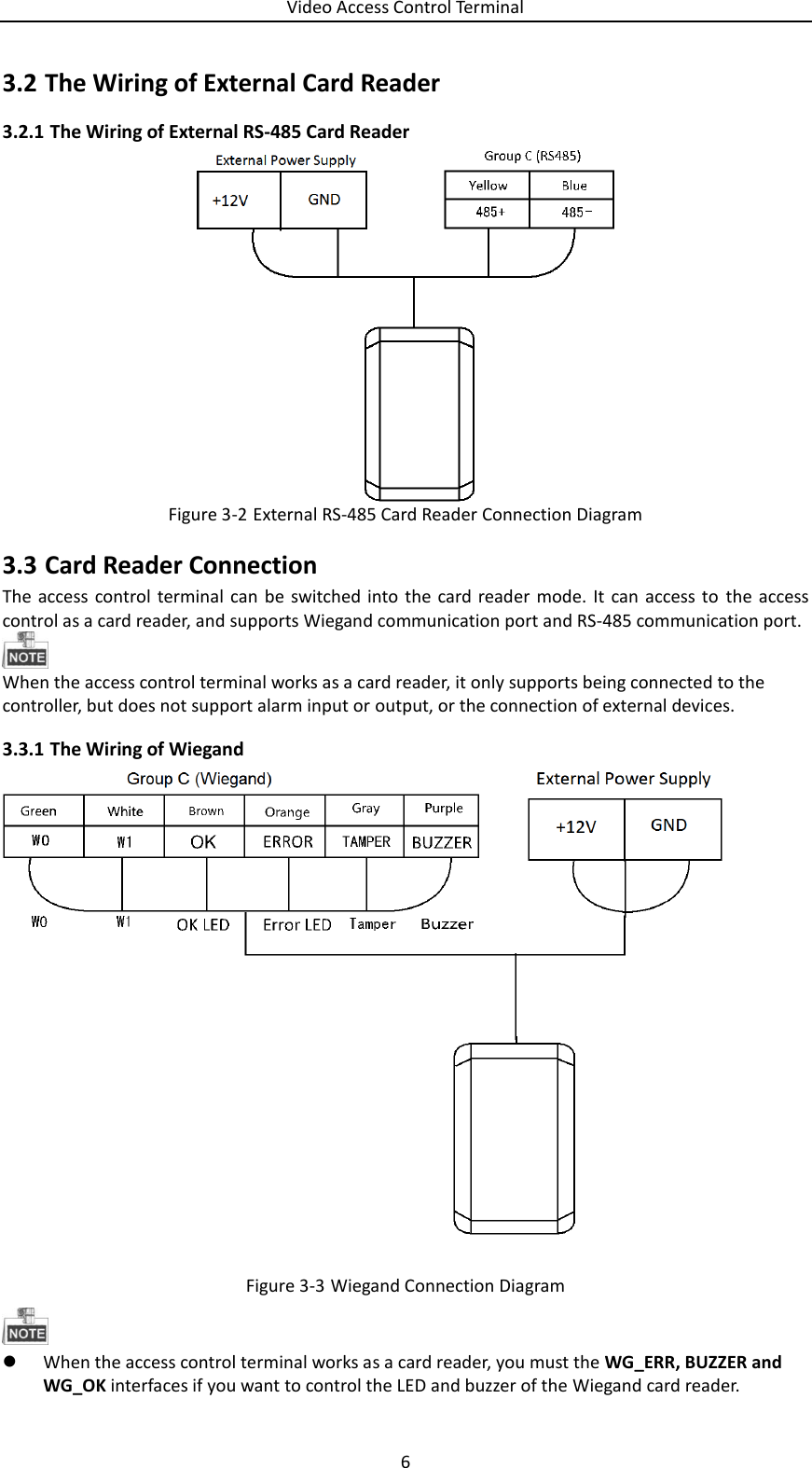 Video Access Control Terminal 6   The Wiring of External Card Reader  3.23.2.1 The Wiring of External RS-485 Card Reader  Figure 3-2 External RS-485 Card Reader Connection Diagram  Card Reader Connection  3.3The access  control terminal can  be  switched  into the  card reader  mode.  It  can access to the  access control as a card reader, and supports Wiegand communication port and RS-485 communication port.   When the access control terminal works as a card reader, it only supports being connected to the controller, but does not support alarm input or output, or the connection of external devices.  3.3.1 The Wiring of Wiegand  Figure 3-3 Wiegand Connection Diagram   When the access control terminal works as a card reader, you must the WG_ERR, BUZZER and WG_OK interfaces if you want to control the LED and buzzer of the Wiegand card reader.  