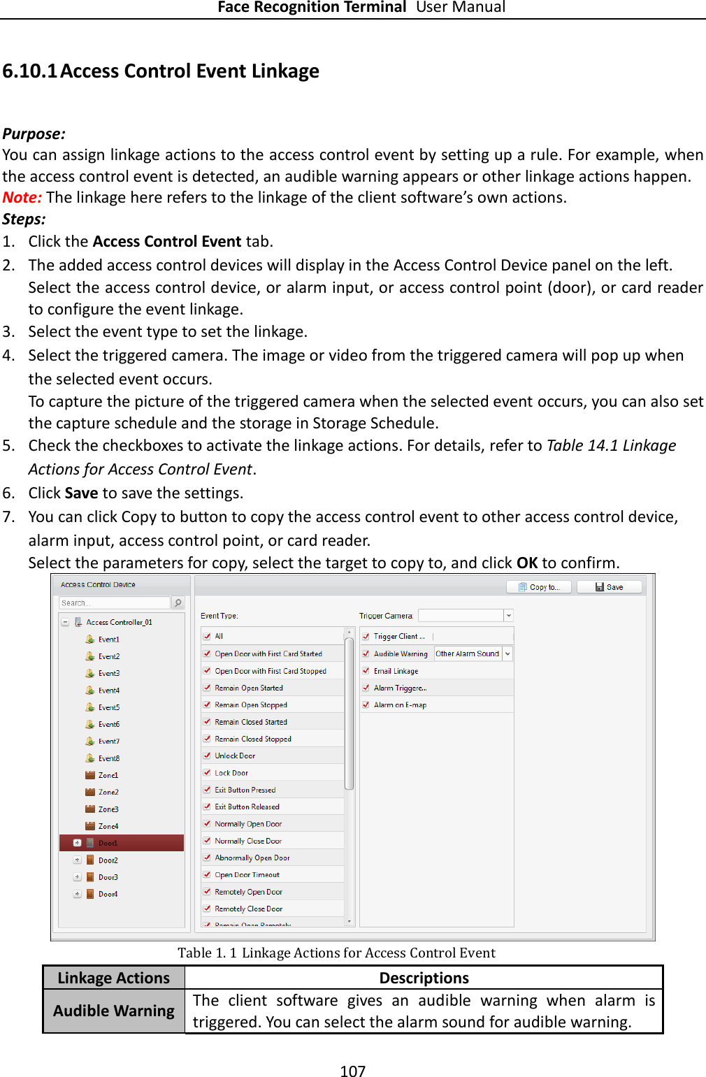 Face Recognition Terminal User Manual 107  6.10.1 Access Control Event Linkage Purpose: You can assign linkage actions to the access control event by setting up a rule. For example, when the access control event is detected, an audible warning appears or other linkage actions happen. Note: The linkage here refers to the linkage of the client software’s own actions. Steps: 1. Click the Access Control Event tab. 2. The added access control devices will display in the Access Control Device panel on the left. Select the access control device, or alarm input, or access control point (door), or card reader to configure the event linkage. 3. Select the event type to set the linkage. 4. Select the triggered camera. The image or video from the triggered camera will pop up when the selected event occurs.   To capture the picture of the triggered camera when the selected event occurs, you can also set the capture schedule and the storage in Storage Schedule.   5. Check the checkboxes to activate the linkage actions. For details, refer to Table 14.1 Linkage Actions for Access Control Event. 6. Click Save to save the settings. 7. You can click Copy to button to copy the access control event to other access control device, alarm input, access control point, or card reader. Select the parameters for copy, select the target to copy to, and click OK to confirm.  Table 1. 1 Linkage Actions for Access Control Event Linkage Actions Descriptions Audible Warning The  client  software  gives  an  audible  warning  when  alarm  is triggered. You can select the alarm sound for audible warning.   