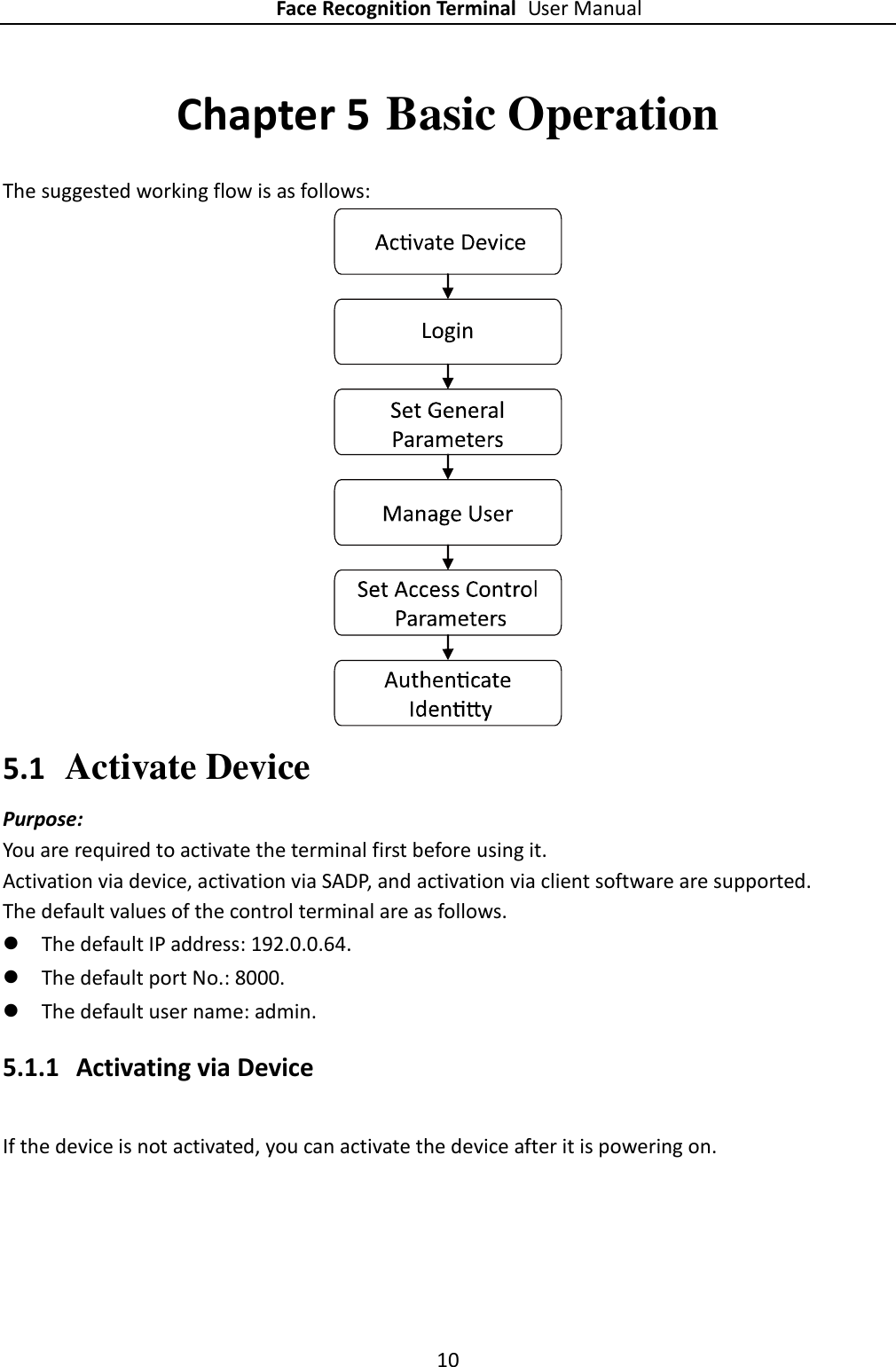 Face Recognition Terminal User Manual 10  Chapter 5 Basic Operation The suggested working flow is as follows:  5.1 Activate Device Purpose: You are required to activate the terminal first before using it.   Activation via device, activation via SADP, and activation via client software are supported.   The default values of the control terminal are as follows.  The default IP address: 192.0.0.64.  The default port No.: 8000.  The default user name: admin.   5.1.1 Activating via Device If the device is not activated, you can activate the device after it is powering on. 