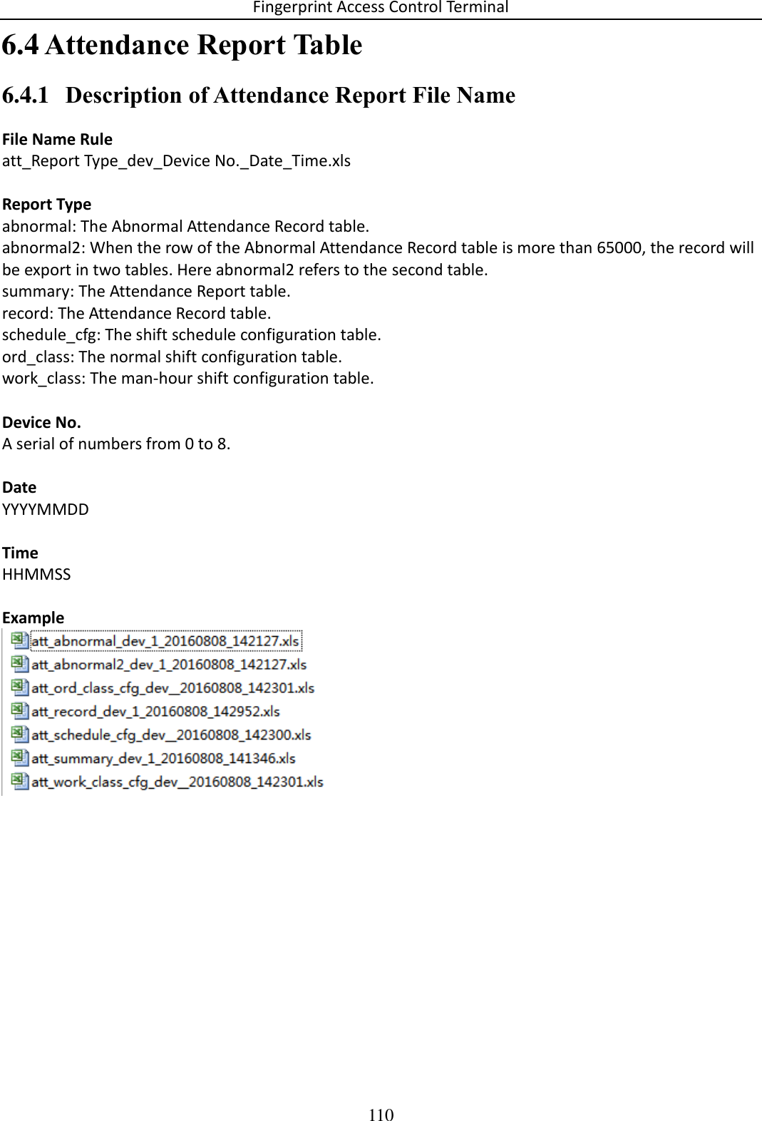 Fingerprint Access Control Terminal 110   Attendance Report Table 6.46.4.1 Description of Attendance Report File Name File Name Rule att_Report Type_dev_Device No._Date_Time.xls  Report Type abnormal: The Abnormal Attendance Record table. abnormal2: When the row of the Abnormal Attendance Record table is more than 65000, the record will be export in two tables. Here abnormal2 refers to the second table. summary: The Attendance Report table. record: The Attendance Record table. schedule_cfg: The shift schedule configuration table. ord_class: The normal shift configuration table. work_class: The man-hour shift configuration table.  Device No. A serial of numbers from 0 to 8.  Date YYYYMMDD  Time HHMMSS  Example     