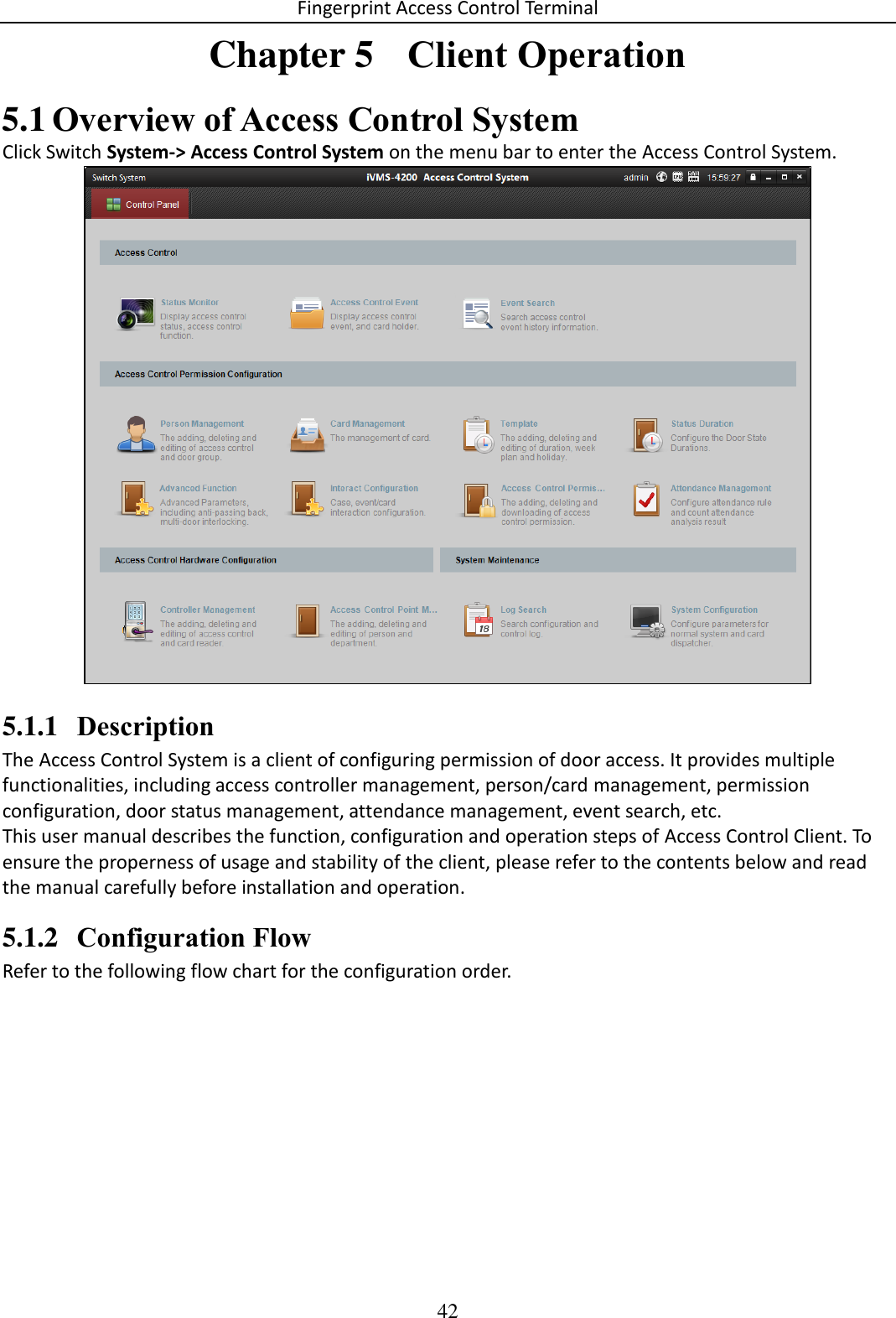 Fingerprint Access Control Terminal 42  Chapter 5  Client Operation  Overview of Access Control System 5.1Click Switch System-&gt; Access Control System on the menu bar to enter the Access Control System.  5.1.1 Description The Access Control System is a client of configuring permission of door access. It provides multiple functionalities, including access controller management, person/card management, permission configuration, door status management, attendance management, event search, etc. This user manual describes the function, configuration and operation steps of Access Control Client. To ensure the properness of usage and stability of the client, please refer to the contents below and read the manual carefully before installation and operation. 5.1.2 Configuration Flow Refer to the following flow chart for the configuration order. 