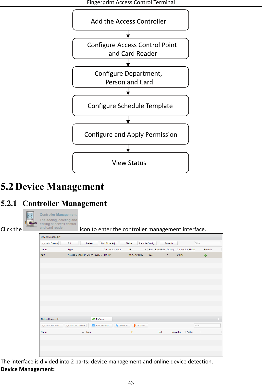Fingerprint Access Control Terminal 43    Device Management 5.25.2.1 Controller Management Click the   icon to enter the controller management interface.  The interface is divided into 2 parts: device management and online device detection. Device Management:  