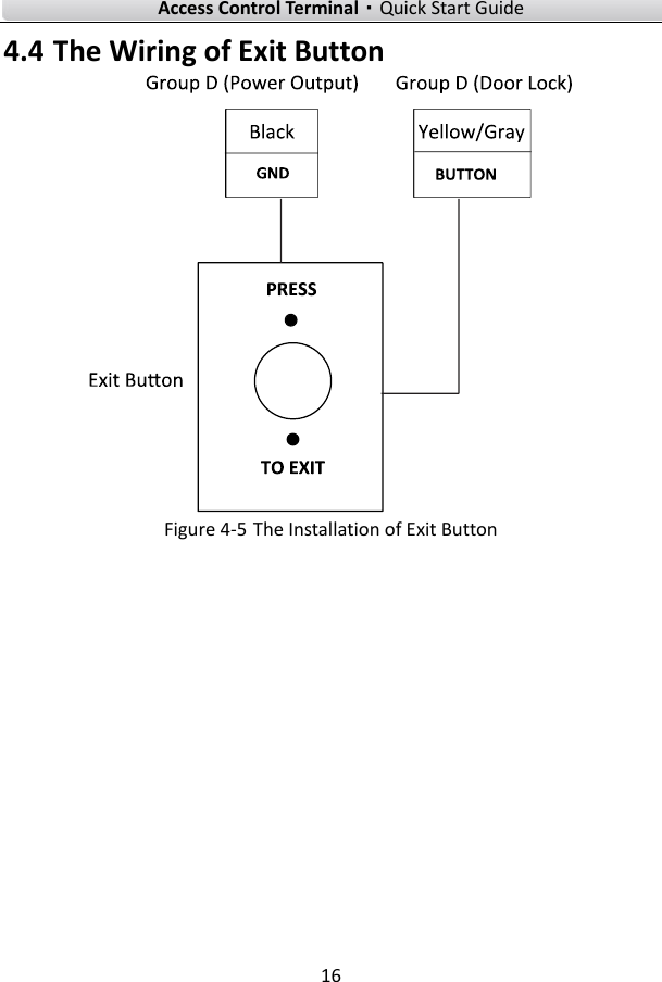    Access Control Terminal·Quick Start Guide 16  4.4 The Wiring of Exit Button  Figure 4-5 The Installation of Exit Button 