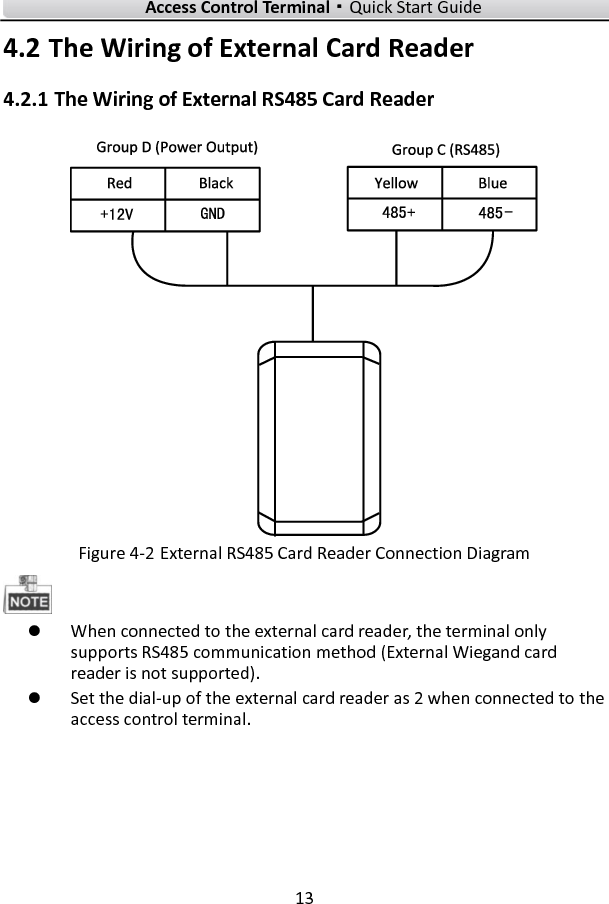    Access Control Terminal·Quick Start Guide 13  4.2 The Wiring of External Card Reader   4.2.1 The Wiring of External RS485 Card Reader   Figure 4-2 External RS485 Card Reader Connection Diagram   When connected to the external card reader, the terminal only supports RS485 communication method (External Wiegand card reader is not supported).    Set the dial-up of the external card reader as 2 when connected to the access control terminal. 