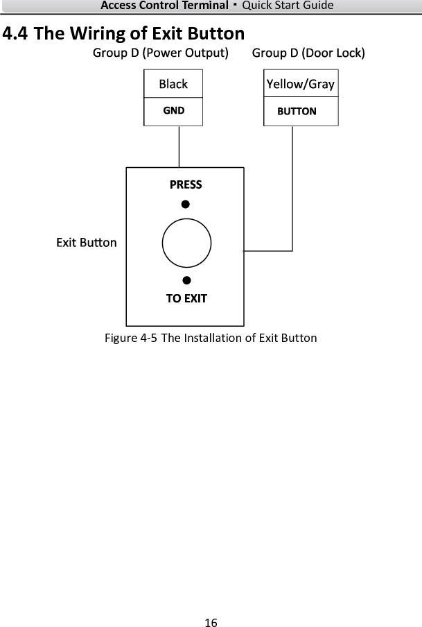    Access Control Terminal·Quick Start Guide 16  4.4 The Wiring of Exit Button  Figure 4-5 The Installation of Exit Button 