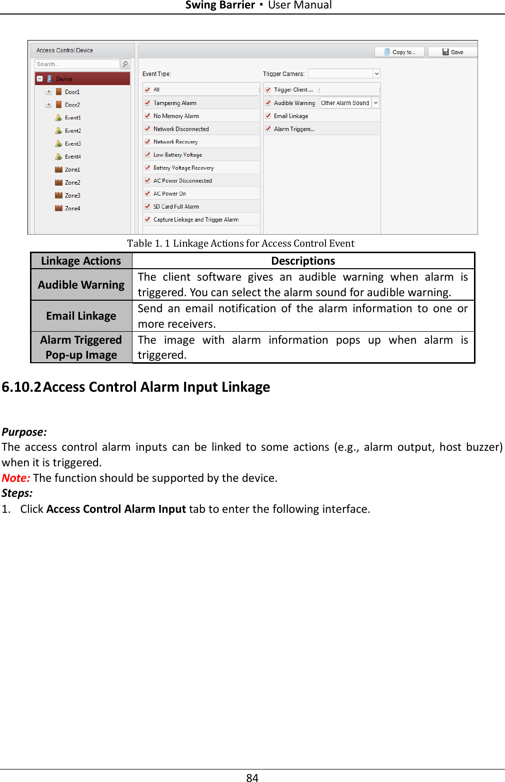 Swing Barrier·User Manual 84  Table 1. 1 Linkage Actions for Access Control Event Linkage Actions Descriptions Audible Warning The  client  software  gives  an  audible  warning  when  alarm  is triggered. You can select the alarm sound for audible warning.   Email Linkage Send  an  email  notification  of  the  alarm  information  to  one  or more receivers.   Alarm Triggered Pop-up Image The  image  with  alarm  information  pops  up  when  alarm  is triggered. 6.10.2 Access Control Alarm Input Linkage Purpose: The  access  control  alarm  inputs  can  be  linked  to  some  actions  (e.g.,  alarm  output,  host  buzzer) when it is triggered. Note: The function should be supported by the device. Steps: 1. Click Access Control Alarm Input tab to enter the following interface.   