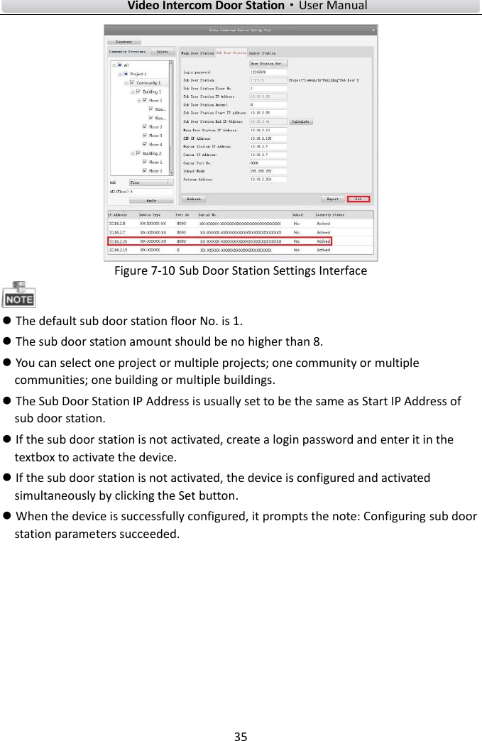    Video Intercom Door Station·User Manual 35   Figure 7-10 Sub Door Station Settings Interface   The default sub door station floor No. is 1.    The sub door station amount should be no higher than 8.  You can select one project or multiple projects; one community or multiple communities; one building or multiple buildings.  The Sub Door Station IP Address is usually set to be the same as Start IP Address of sub door station.  If the sub door station is not activated, create a login password and enter it in the textbox to activate the device.  If the sub door station is not activated, the device is configured and activated simultaneously by clicking the Set button.    When the device is successfully configured, it prompts the note: Configuring sub door station parameters succeeded.    