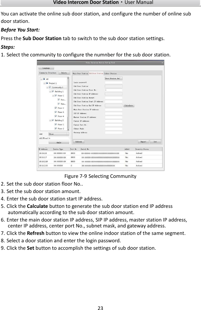        Video Intercom Door Station·User Manual 23  You can activate the online sub door station, and configure the number of online sub door station. Before You Start: Press the Sub Door Station tab to switch to the sub door station settings.   Steps: 1. Select the community to configure the numnber for the sub door station.    Figure 7-9 Selecting Community 2. Set the sub door station floor No.. 3. Set the sub door station amount.   4. Enter the sub door station start IP address. 5. Click the Calculate button to generate the sub door station end IP address automatically according to the sub door station amount. 6. Enter the main door station IP address, SIP IP address, master station IP address, center IP address, center port No., subnet mask, and gateway address.   7. Click the Refresh button to view the online indoor station of the same segment.   8. Select a door station and enter the login password. 9. Click the Set button to accomplish the settings of sub door station. 