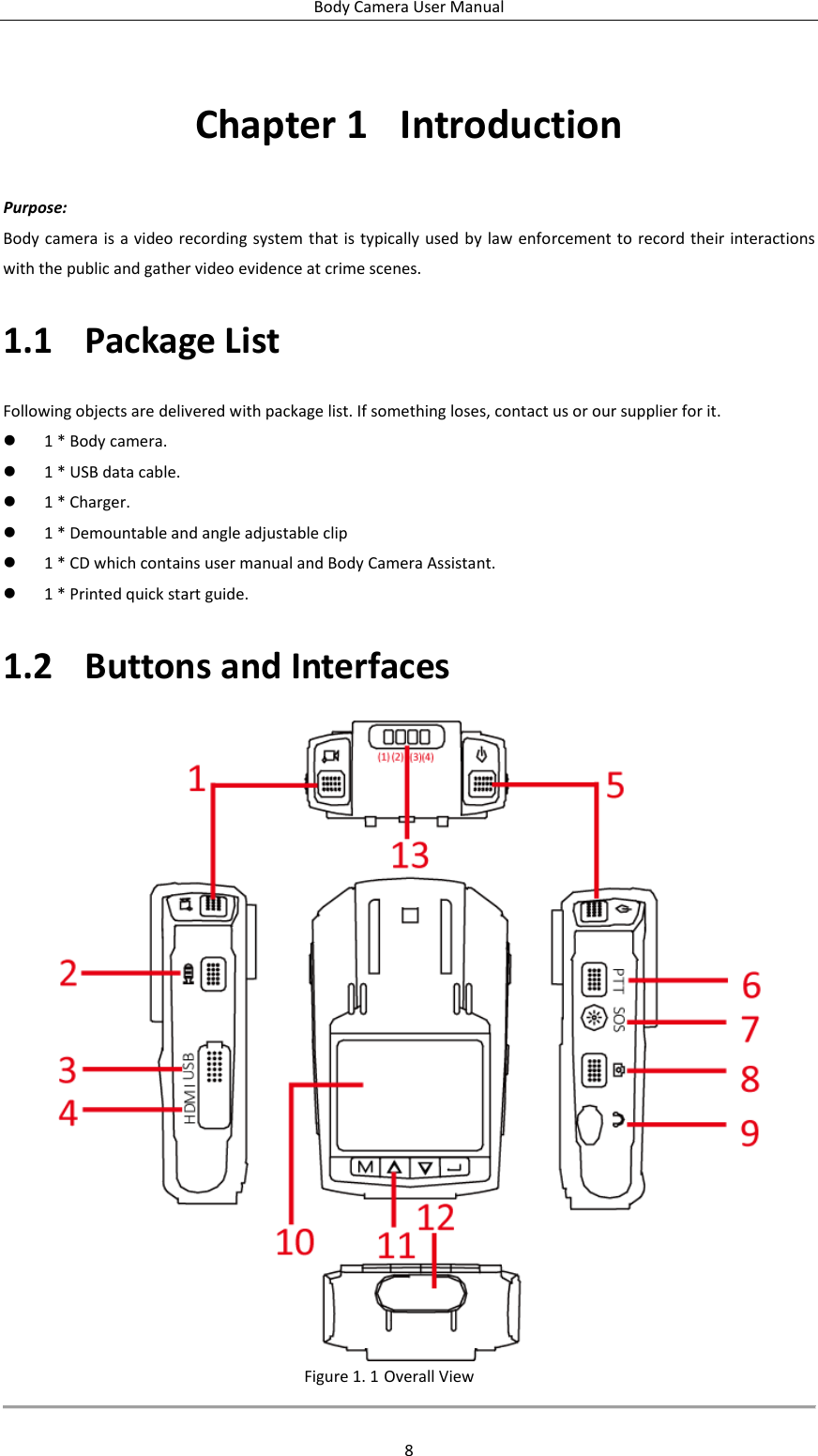 Body Camera User Manual 8 Chapter 1  Introduction Purpose: Body camera is a  video recording system that is typically used by law enforcement to  record their interactions with the public and gather video evidence at crime scenes.   1.1 Package List Following objects are delivered with package list. If something loses, contact us or our supplier for it.  1 * Body camera.  1 * USB data cable.  1 * Charger.  1 * Demountable and angle adjustable clip  1 * CD which contains user manual and Body Camera Assistant.  1 * Printed quick start guide. 1.2 Buttons and Interfaces  Figure 1. 1 Overall View  