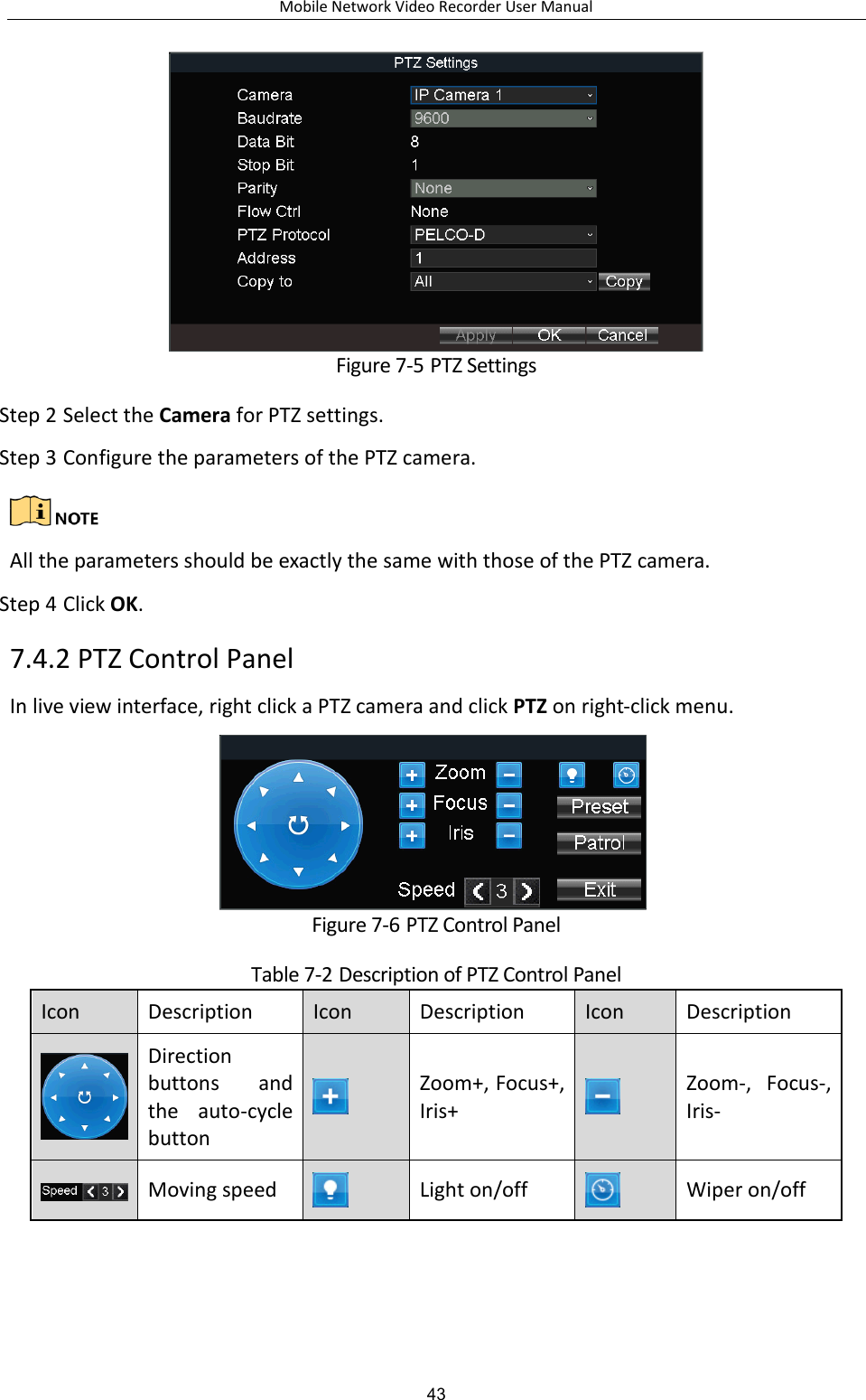 Mobile Network Video Recorder User Manual 43  Figure 7-5 PTZ Settings Step 2 Select the Camera for PTZ settings. Step 3 Configure the parameters of the PTZ camera.   All the parameters should be exactly the same with those of the PTZ camera. Step 4 Click OK. 7.4.2 PTZ Control Panel In live view interface, right click a PTZ camera and click PTZ on right-click menu.  Figure 7-6 PTZ Control Panel Table 7-2 Description of PTZ Control Panel  Icon Description Icon Description Icon Description  Direction buttons  and the  auto-cycle button  Zoom+, Focus+, Iris+  Zoom-,  Focus-, Iris-  Moving speed  Light on/off  Wiper on/off 