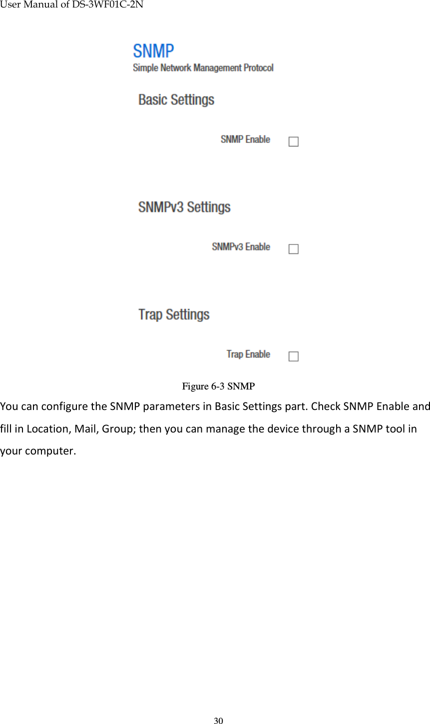 User Manual of DS-3WF01C-2N   30 Figure 6-3 SNMP You can configure the SNMP parameters in Basic Settings part. Check SNMP Enable and fill in Location, Mail, Group; then you can manage the device through a SNMP tool in your computer. 