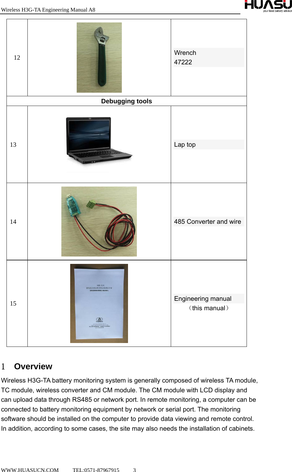 Wireless H3G-TA Engineering Manual A8  WWW.HUASUCN.COM     TEL:0571-87967915     3    12  Wrench 47222 Debugging tools 13  Lap top 14  485 Converter and wire 15  Engineering manual （this manual）  1 Overview Wireless H3G-TA battery monitoring system is generally composed of wireless TA module, TC module, wireless converter and CM module. The CM module with LCD display and can upload data through RS485 or network port. In remote monitoring, a computer can be connected to battery monitoring equipment by network or serial port. The monitoring software should be installed on the computer to provide data viewing and remote control. In addition, according to some cases, the site may also needs the installation of cabinets.  