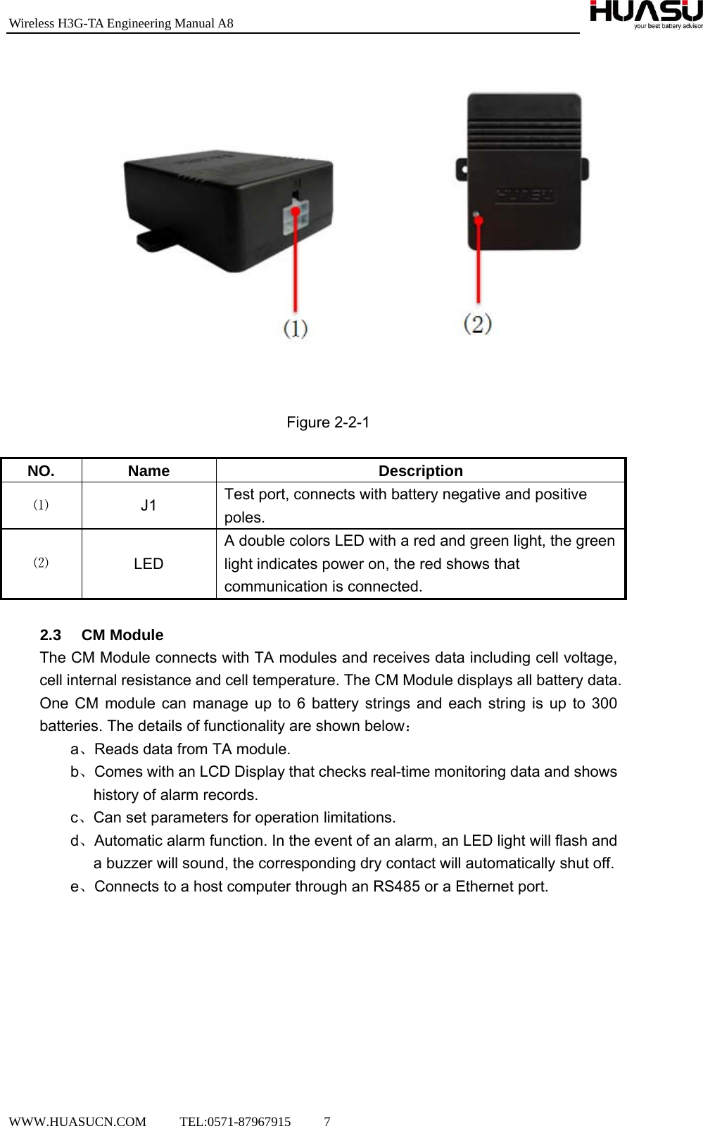 Wireless H3G-TA Engineering Manual A8  WWW.HUASUCN.COM     TEL:0571-87967915     7        Figure 2-2-1  NO. Name Description ⑴  J1 Test port, connects with battery negative and positive poles. ⑵  LED A double colors LED with a red and green light, the green light indicates power on, the red shows that communication is connected.  2.3 CM Module The CM Module connects with TA modules and receives data including cell voltage, cell internal resistance and cell temperature. The CM Module displays all battery data. One CM module can manage up to 6 battery strings and each string is up to 300 batteries. The details of functionality are shown below： a、Reads data from TA module. b、Comes with an LCD Display that checks real-time monitoring data and shows   history of alarm records. c、Can set parameters for operation limitations. d、Automatic alarm function. In the event of an alarm, an LED light will flash and   a buzzer will sound, the corresponding dry contact will automatically shut off. e、Connects to a host computer through an RS485 or a Ethernet port.  