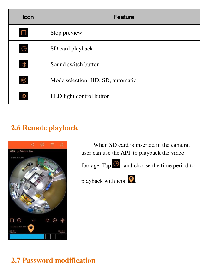   Icon Feature  Stop preview  SD card playback  Sound switch button  Mode selection: HD, SD, automatic  LED light control button  2.6 Remote playback           2.7 Password modification When SD card is inserted in the camera, user can use the APP to playback the video footage. Tap   and choose the time period to playback with icon .  