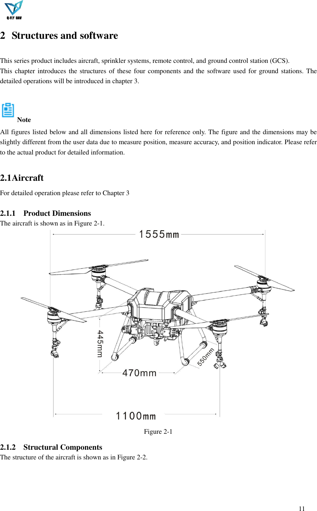  11  2 Structures and software  This series product includes aircraft, sprinkler systems, remote control, and ground control station (GCS).   This chapter introduces the structures of these four components and the software used for ground stations. The detailed operations will be introduced in chapter 3.    Note All figures listed below and all dimensions listed here for reference only. The figure and the dimensions may be slightly different from the user data due to measure position, measure accuracy, and position indicator. Please refer to the actual product for detailed information.    2.1 Aircraft   For detailed operation please refer to Chapter 3  2.1.1 Product Dimensions   The aircraft is shown as in Figure 2-1.  Figure 2-1 2.1.2 Structural Components The structure of the aircraft is shown as in Figure 2-2. 