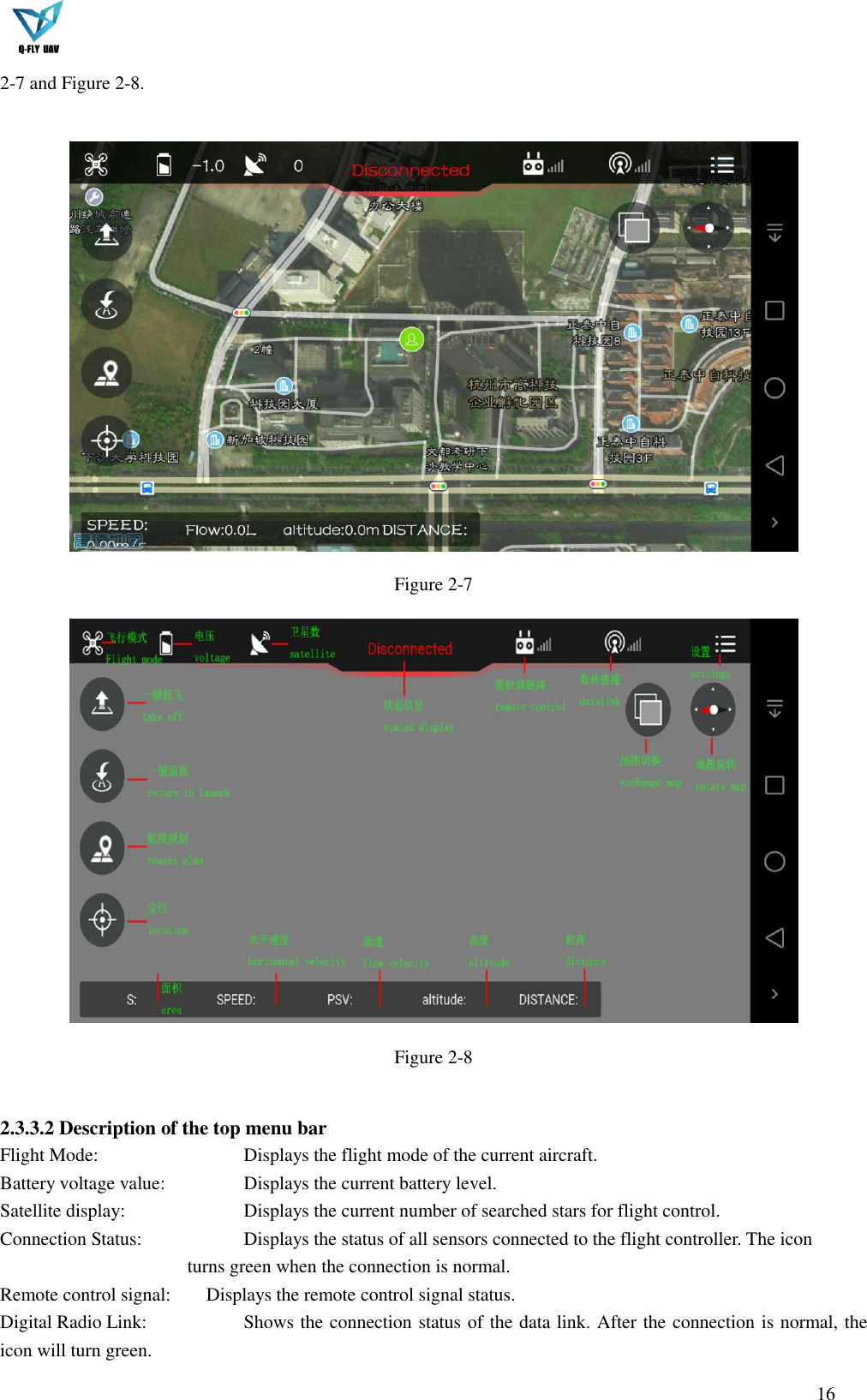  16  2-7 and Figure 2-8.   Figure 2-7  Figure 2-8  2.3.3.2 Description of the top menu bar Flight Mode:           Displays the flight mode of the current aircraft. Battery voltage value:      Displays the current battery level. Satellite display:          Displays the current number of searched stars for flight control. Connection Status:        Displays the status of all sensors connected to the flight controller. The icon              turns green when the connection is normal. Remote control signal:     Displays the remote control signal status. Digital Radio Link:        Shows the connection status of the data link. After the connection is normal, the icon will turn green. 