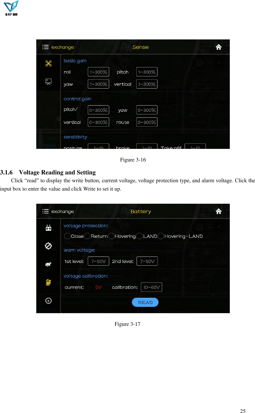  25     Figure 3-16 3.1.6 Voltage Reading and Setting Click “read” to display the write button, current voltage, voltage protection type, and alarm voltage. Click the input box to enter the value and click Write to set it up.        Figure 3-17         