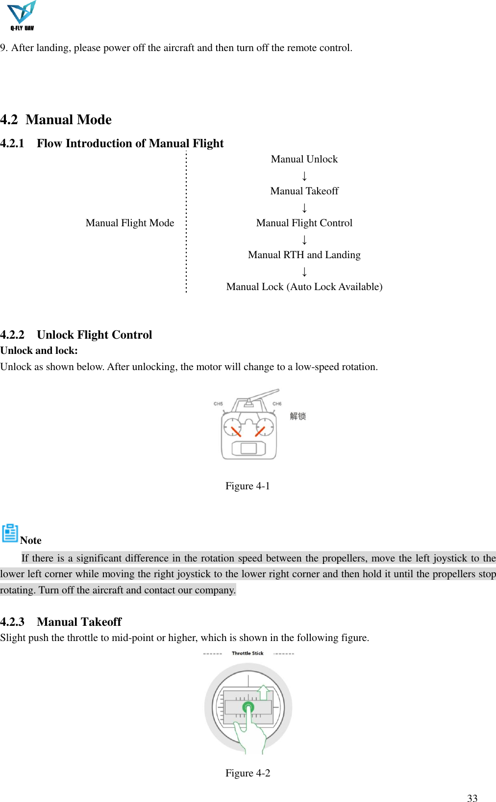  33  9. After landing, please power off the aircraft and then turn off the remote control.    4.2   Manual Mode 4.2.1 Flow Introduction of Manual Flight Manual Flight Mode   Manual Unlock ↓ Manual Takeoff   ↓ Manual Flight Control ↓ Manual RTH and Landing   ↓ Manual Lock (Auto Lock Available)   4.2.2 Unlock Flight Control Unlock and lock: Unlock as shown below. After unlocking, the motor will change to a low-speed rotation.  Figure 4-1  Note If there is a significant difference in the rotation speed between the propellers, move the left joystick to the lower left corner while moving the right joystick to the lower right corner and then hold it until the propellers stop rotating. Turn off the aircraft and contact our company.  4.2.3 Manual Takeoff Slight push the throttle to mid-point or higher, which is shown in the following figure.  Figure 4-2 