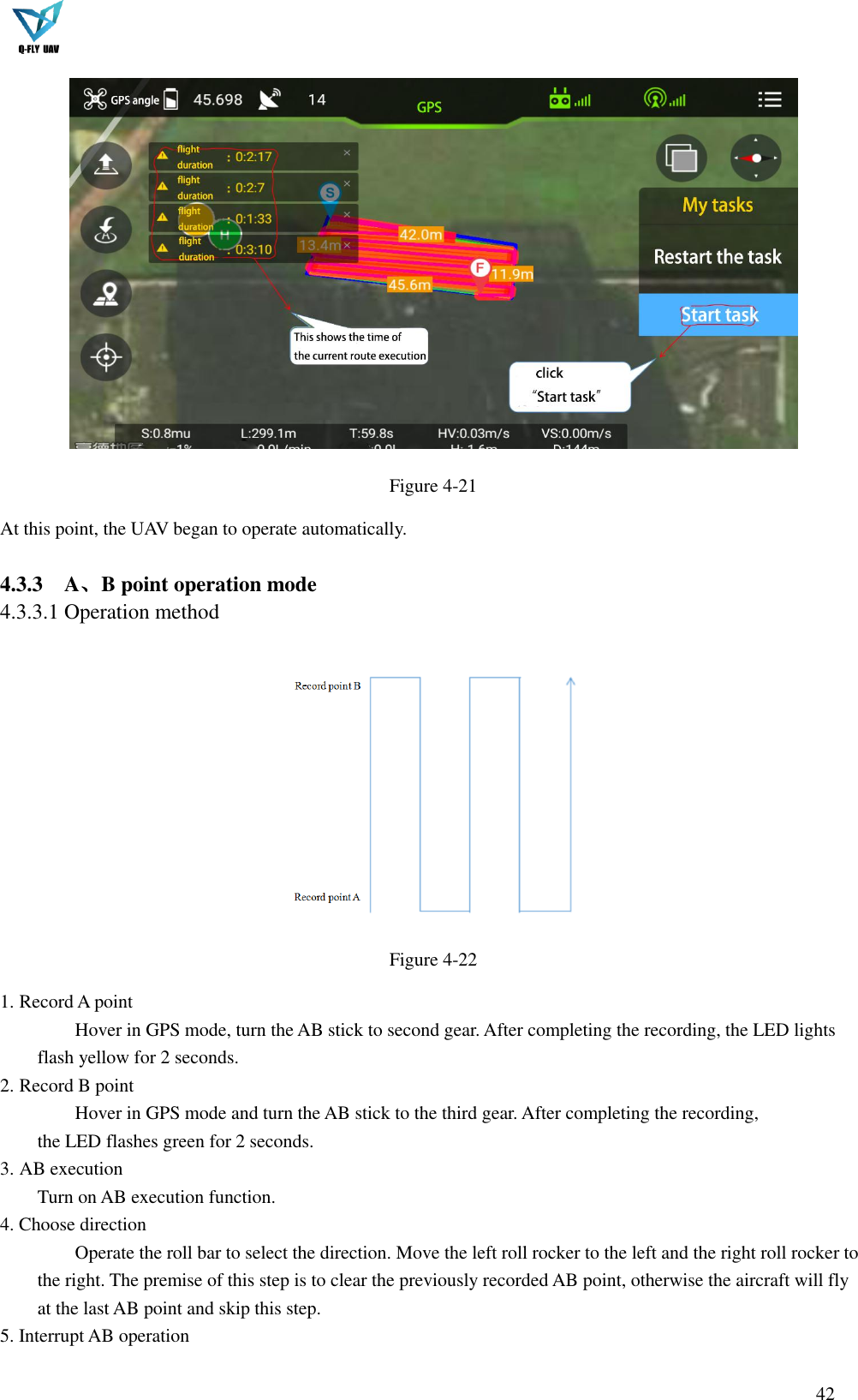  42   Figure 4-21 At this point, the UAV began to operate automatically.  4.3.3 A、B point operation mode 4.3.3.1 Operation method   Figure 4-22 1. Record A point Hover in GPS mode, turn the AB stick to second gear. After completing the recording, the LED lights flash yellow for 2 seconds. 2. Record B point Hover in GPS mode and turn the AB stick to the third gear. After completing the recording,   the LED flashes green for 2 seconds. 3. AB execution Turn on AB execution function. 4. Choose direction Operate the roll bar to select the direction. Move the left roll rocker to the left and the right roll rocker to the right. The premise of this step is to clear the previously recorded AB point, otherwise the aircraft will fly at the last AB point and skip this step. 5. Interrupt AB operation 