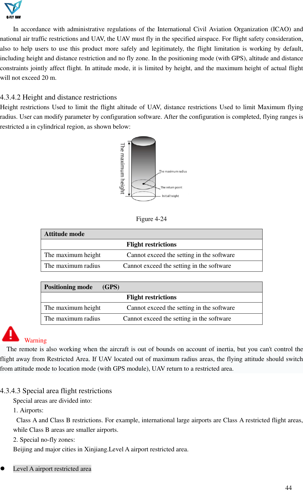  44  In accordance with administrative regulations of the International Civil Aviation Organization (ICAO) and national air traffic restrictions and UAV, the UAV must fly in the specified airspace. For flight safety consideration, also to  help  users  to  use  this product  more safely and  legitimately,  the  flight limitation is  working  by default, including height and distance restriction and no fly zone. In the positioning mode (with GPS), altitude and distance constraints jointly affect flight. In attitude mode, it is limited by height, and the maximum height of actual flight will not exceed 20 m.    4.3.4.2 Height and distance restrictions Height restrictions Used to limit the flight altitude of UAV, distance restrictions Used to limit Maximum flying radius. User can modify parameter by configuration software. After the configuration is completed, flying ranges is restricted a in cylindrical region, as shown below:  Figure 4-24 Attitude mode Flight restrictions The maximum height                Cannot exceed the setting in the software The maximum radius              Cannot exceed the setting in the software  Positioning mode      (GPS) Flight restrictions The maximum height                Cannot exceed the setting in the software The maximum radius              Cannot exceed the setting in the software   Warning The remote is also working when the aircraft is out of bounds on account of inertia, but you can&apos;t control the flight away from Restricted Area. If UAV located out of maximum radius areas, the flying attitude should switch from attitude mode to location mode (with GPS module), UAV return to a restricted area.  4.3.4.3 Special area flight restrictions Special areas are divided into: 1. Airports:   Class A and Class B restrictions. For example, international large airports are Class A restricted flight areas,   while Class B areas are smaller airports. 2. Special no-fly zones:   Beijing and major cities in Xinjiang.Level A airport restricted area.   Level A airport restricted area 