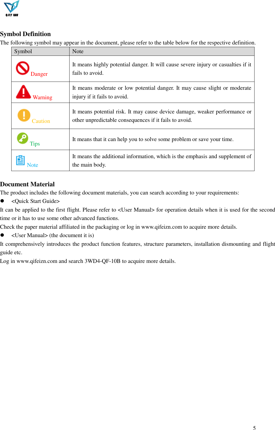  5   Symbol Definition The following symbol may appear in the document, please refer to the table below for the respective definition. Symbol Note Danger It means highly potential danger. It will cause severe injury or casualties if it fails to avoid. Warning It means moderate or low potential danger. It may cause slight or moderate injury if it fails to avoid. Caution It means potential risk. It may cause device damage, weaker performance or other unpredictable consequences if it fails to avoid. Tips It means that it can help you to solve some problem or save your time. Note It means the additional information, which is the emphasis and supplement of the main body.  Document Material The product includes the following document materials, you can search according to your requirements:  &lt;Quick Start Guide&gt; It can be applied to the first flight. Please refer to &lt;User Manual&gt; for operation details when it is used for the second time or it has to use some other advanced functions. Check the paper material affiliated in the packaging or log in www.qifeizn.com to acquire more details.  &lt;User Manual&gt; (the document it is) It comprehensively introduces the product function features, structure parameters, installation dismounting and flight guide etc. Log in www.qifeizn.com and search 3WD4-QF-10B to acquire more details.  