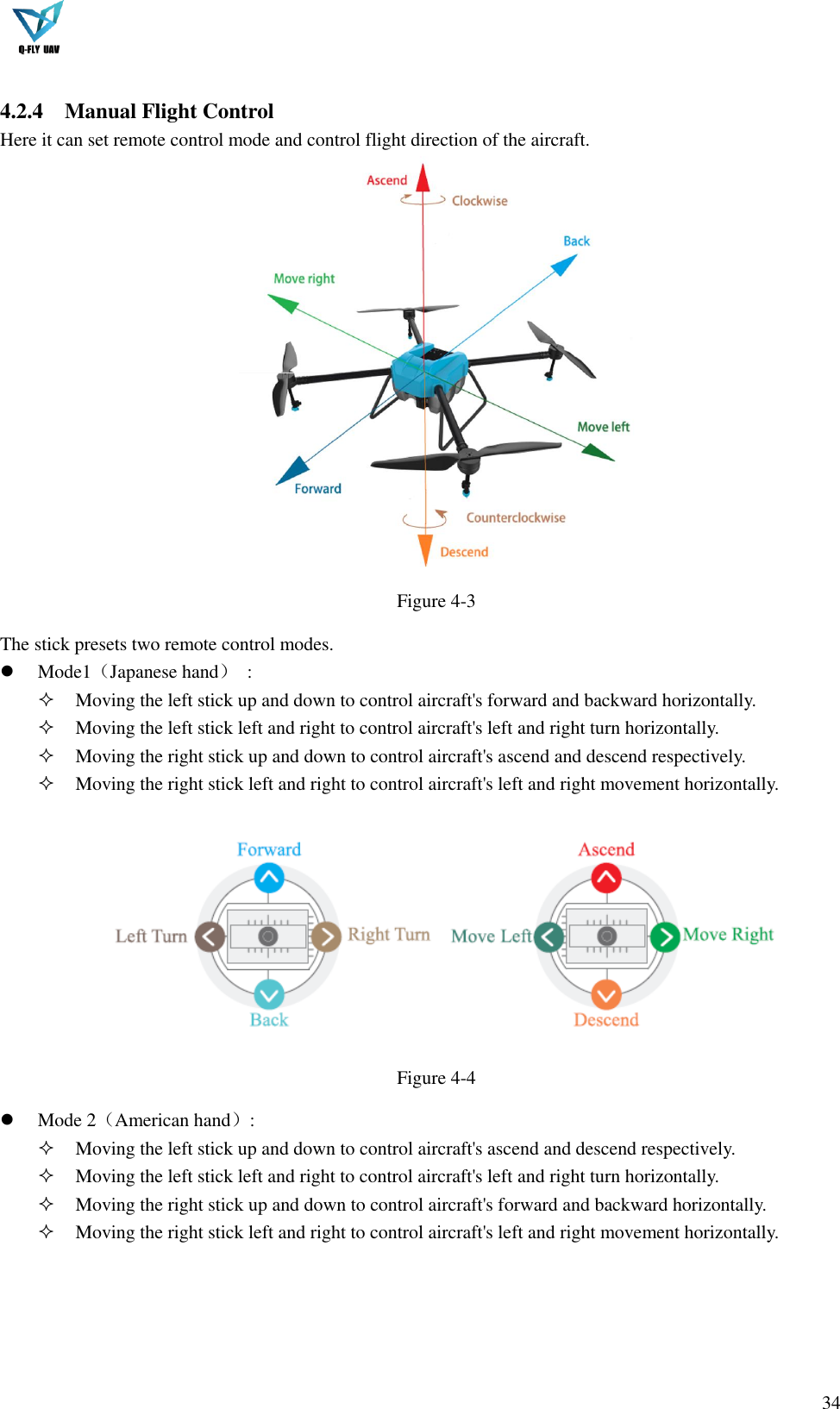  34   4.2.4 Manual Flight Control Here it can set remote control mode and control flight direction of the aircraft.  Figure 4-3 The stick presets two remote control modes.  Mode1（Japanese hand）  :  Moving the left stick up and down to control aircraft&apos;s forward and backward horizontally.  Moving the left stick left and right to control aircraft&apos;s left and right turn horizontally.  Moving the right stick up and down to control aircraft&apos;s ascend and descend respectively.  Moving the right stick left and right to control aircraft&apos;s left and right movement horizontally.   Figure 4-4  Mode 2（American hand）:    Moving the left stick up and down to control aircraft&apos;s ascend and descend respectively.  Moving the left stick left and right to control aircraft&apos;s left and right turn horizontally.  Moving the right stick up and down to control aircraft&apos;s forward and backward horizontally.  Moving the right stick left and right to control aircraft&apos;s left and right movement horizontally. 
