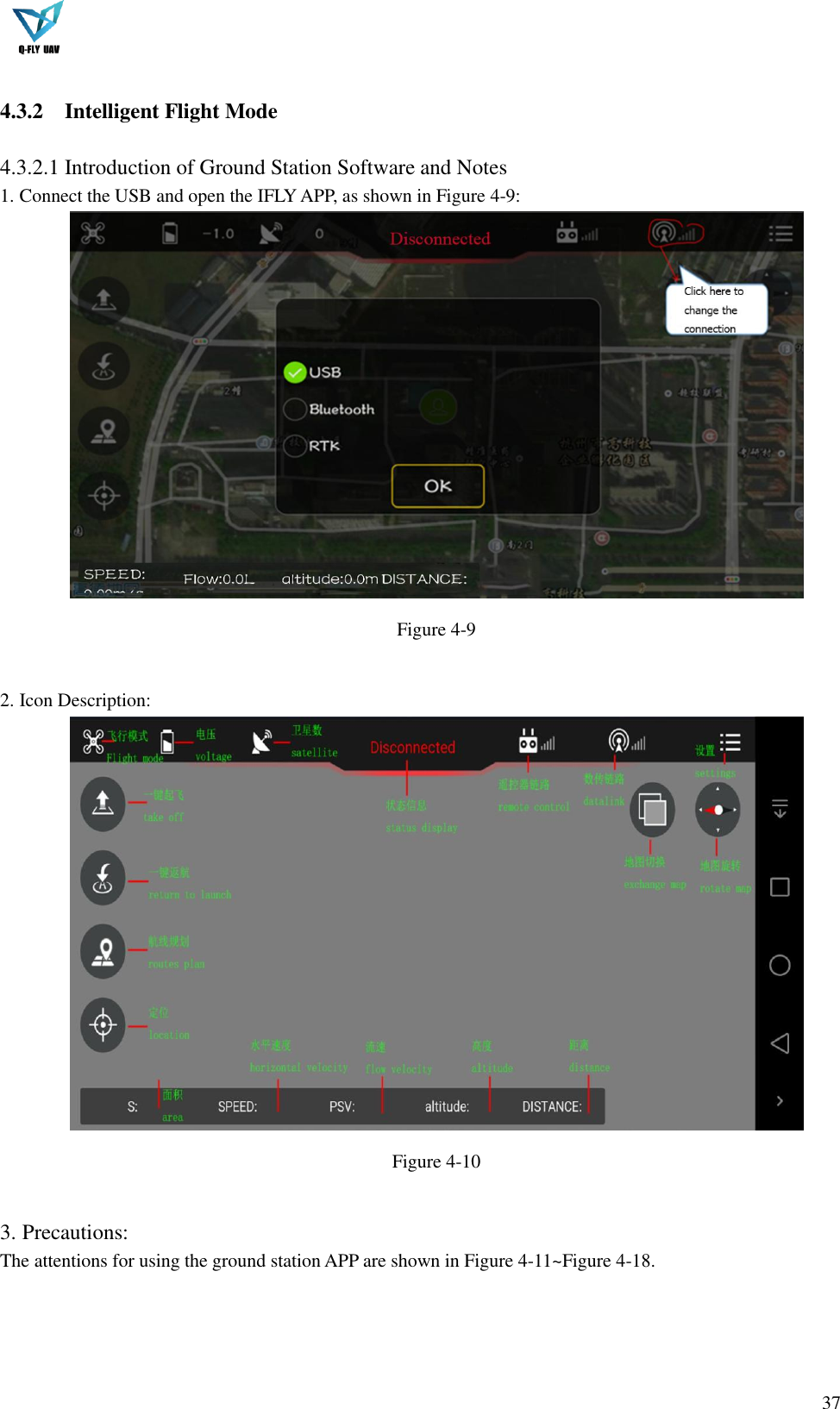  37   4.3.2 Intelligent Flight Mode  4.3.2.1 Introduction of Ground Station Software and Notes   1. Connect the USB and open the IFLY APP, as shown in Figure 4-9:  Figure 4-9  2. Icon Description:  Figure 4-10  3. Precautions: The attentions for using the ground station APP are shown in Figure 4-11~Figure 4-18.  