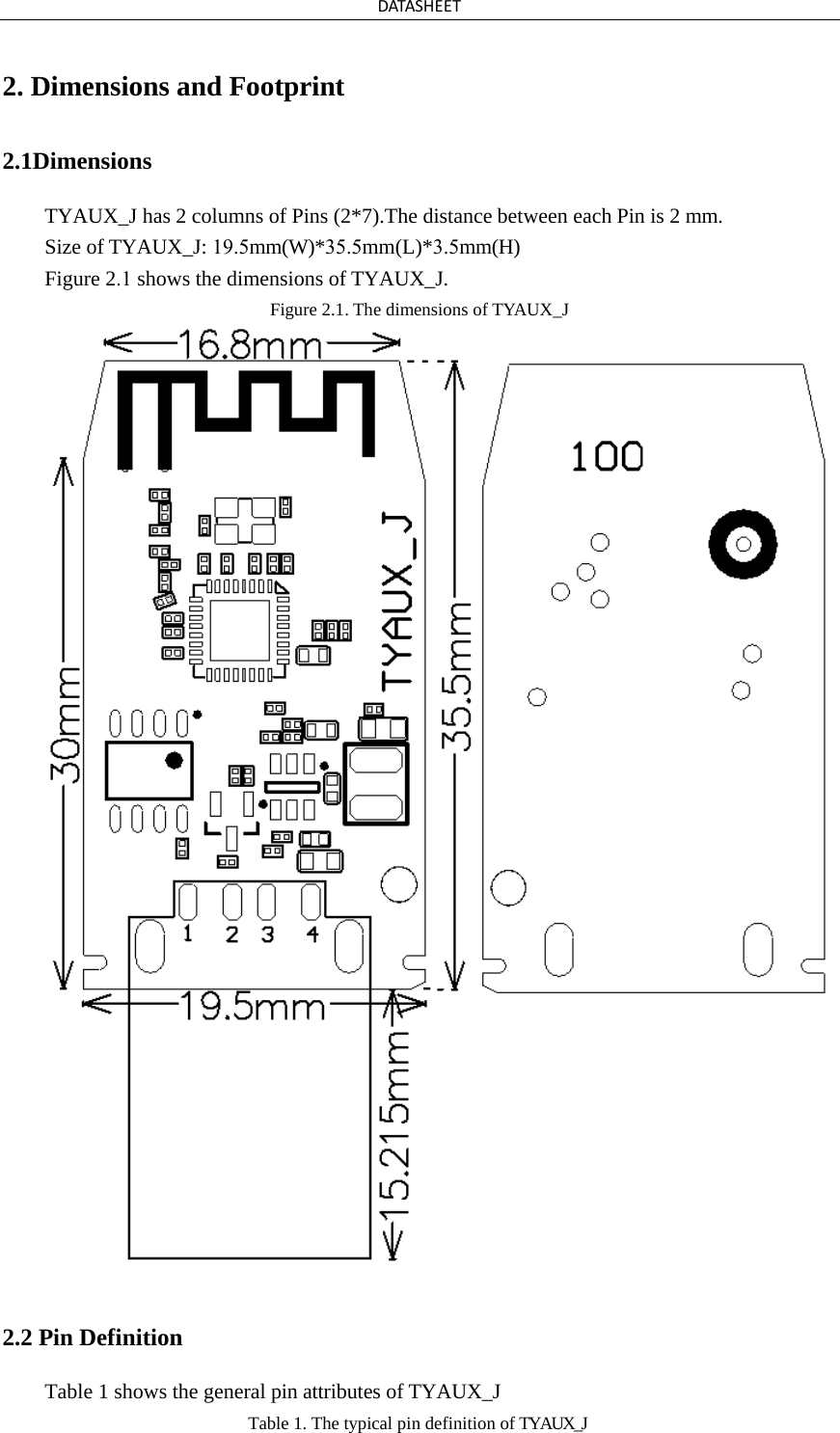 DATASHEET 2. Dimensions and Footprint2.1Dimensions TYAUX_J has 2 columns of Pins (2*7).The distance between each Pin is 2 mm. Size of TYAUX_J: 19.5mm(W)*35.5mm(L)*3.5mm(H) Figure 2.1 shows the dimensions of TYAUX_J. Figure 2.1. The dimensions of TYAUX_J 2.2 Pin Definition Table 1 shows the general pin attributes of TYAUX_J Table 1. The typical pin definition of TYAUX_J 