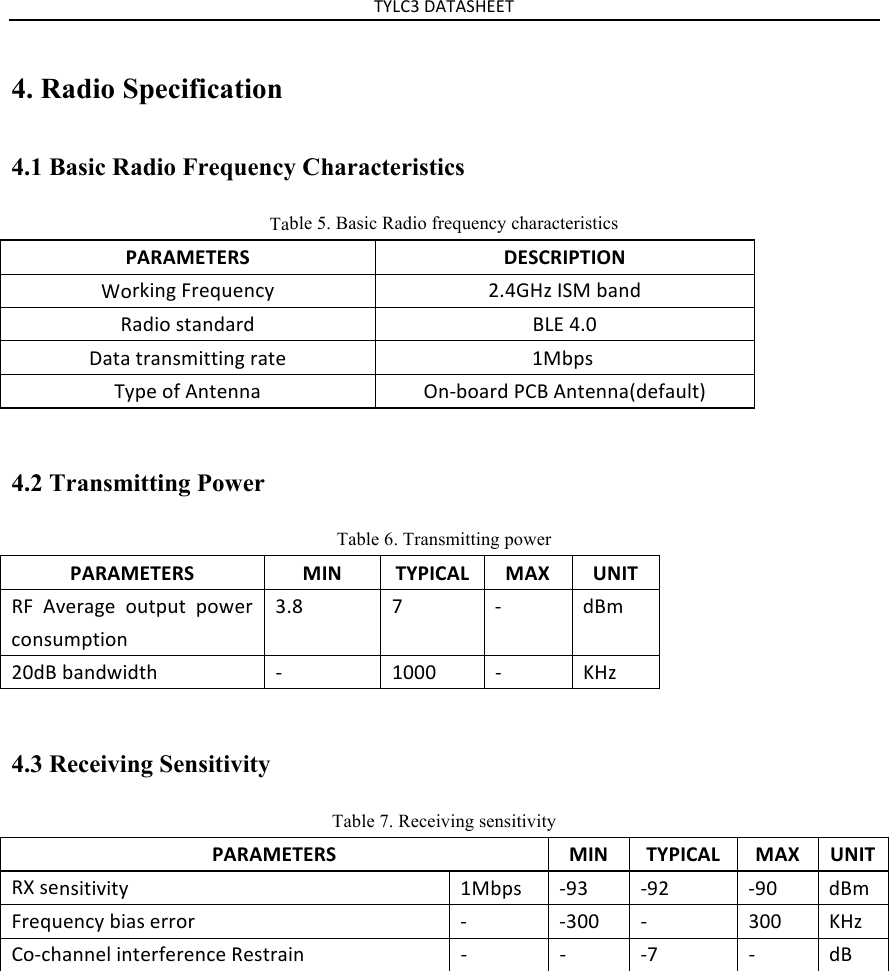 TYLC3&amp;DATASHEET&amp;4. Radio Specification4.1 Basic Radio Frequency Characteristics Table 5. Basic Radio frequency characteristics PARAMETERS$DESCRIPTION$Working&amp;Frequency&amp;2.4GHz&amp;ISM&amp;band&amp;Radio&amp;standard&amp;BLE&amp;4.0&amp;Data&amp;transmitting&amp;rate&amp;1MbpsType&amp;of&amp;Antenna&amp;On-board&amp;PCB&amp;Antenna(default)&amp;4.2 Transmitting Power Table 6. Transmitting power PARAMETERS$MIN$TYPICAL$MAX$UNIT$RF&amp; Average&amp; output&amp; power&amp;consumption&amp;3.8&amp; 7&amp; -&amp; dBm&amp;20dB&amp;bandwidth&amp; -&amp; 1000&amp; -&amp; KHz&amp;4.3 Receiving Sensitivity Table 7. Receiving sensitivity PARAMETERS$MIN$TYPICAL$MAX$UNIT$RX&amp;sensitivity&amp;1Mbps&amp; -93&amp; -92&amp; -90&amp;dBm&amp;Frequency&amp;bias&amp;error&amp; -&amp; -300&amp; -&amp; 300&amp;KHz&amp;Co-channel&amp;interference&amp;Restrain&amp; -&amp; -&amp; -7&amp; -&amp; dB&amp;
