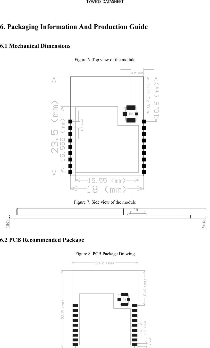 TYWE1S DATASHEET6. Packaging Information And Production Guide6.1 Mechanical DimensionsFigure 6. Top view of the moduleFigure 7. Side view of the module6.2 PCB Recommended PackageFigure 8. PCB Package Drawing
