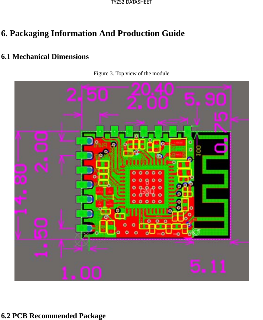 TYZS2DATASHEET6. Packaging Information And Production Guide 6.1 Mechanical Dimensions Figure 3. Top view of the module 6.2 PCB Recommended Package 