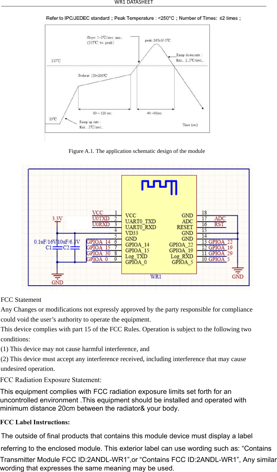 WR1DATASHEETFigure A.1. The application schematic design of the module FCC Statement   Any Changes or modifications not expressly approved by the party responsible for compliance could void the user’s authority to operate the equipment.     This device complies with part 15 of the FCC Rules. Operation is subject to the following two conditions:   (1) This device may not cause harmful interference, and     (2) This device must accept any interference received, including interference that may cause undesired operation.   FCC Radiation Exposure Statement: This equipment complies with FCC radiation exposure limits set forth for an uncontrolled environment .This equipment should be installed and operated with minimum distance 20cm between the radiator&amp; your body.    FCC Label Instructions:The outside of final products that contains this module device must display a label referring to the enclosed module. This exterior label can use wording such as: “Contains Transmitter Module FCC ID:2ANDL-WR1”,or “Contains FCC ID:2ANDL-WR1”, Any similar wording that expresses the same meaning may be used. 